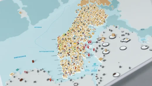 En bild som visar olika delar av det svenska fastighetsskattesystemet, inklusive byggnader och dokument.