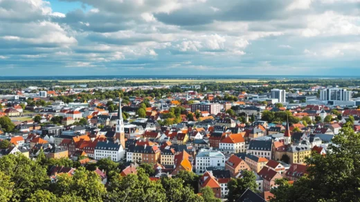 Panoramabild av en stad med hög Länsförsäkringar-logotyp.